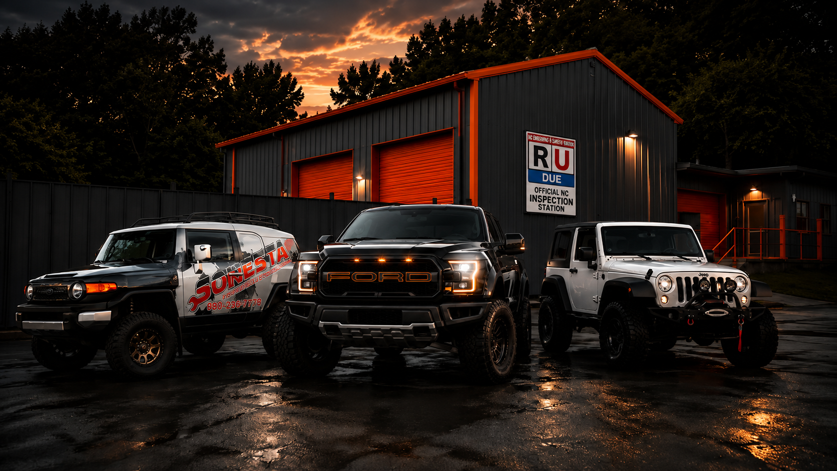 Sonesta Mechanic & Body Repair shop in Charlotte, NC at sunset